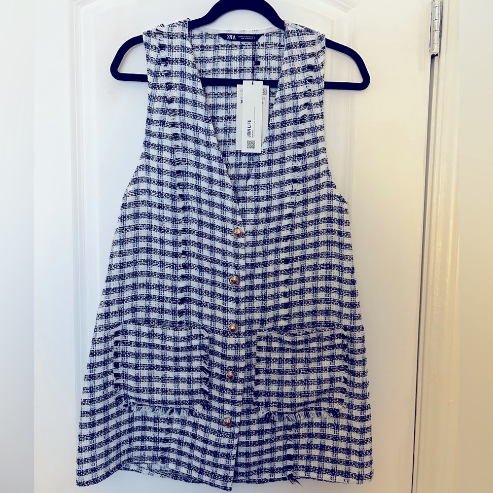 Zara Woman NWT SS22 Blue White Tweed Textured Dress
